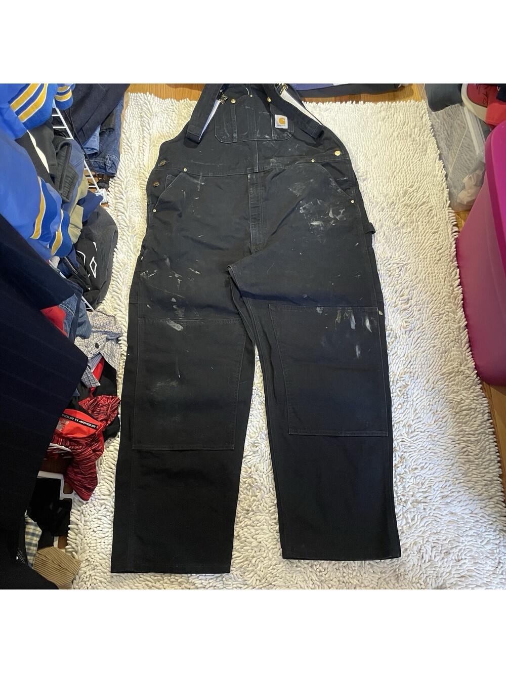 Carhartt R01 BLK Double Knee Bib Overalls Mens 38x30 (42x30) Paint Splatter